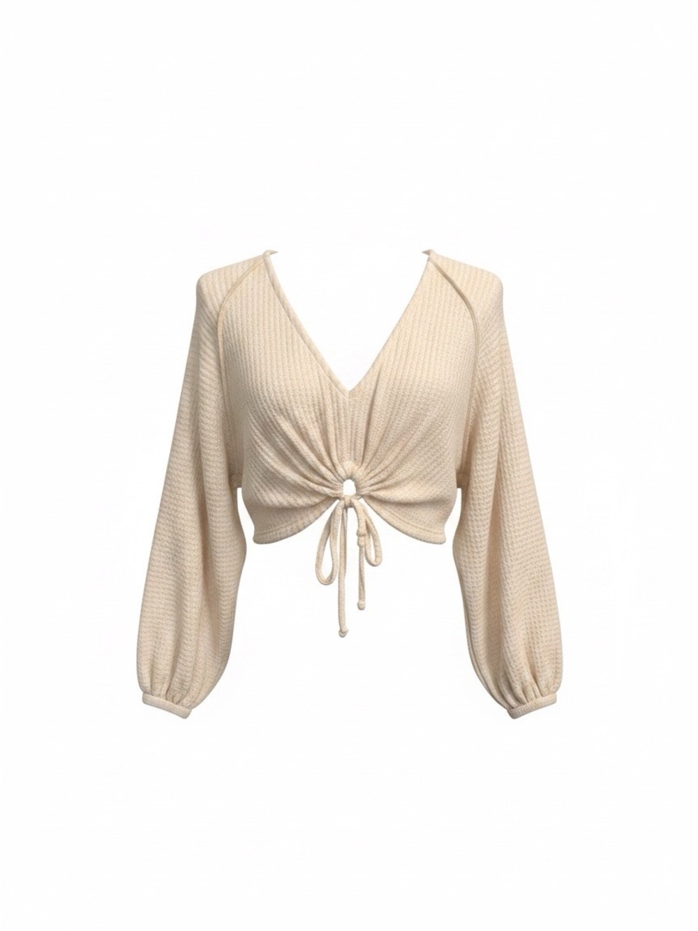 Urban Outfitters Out From Under Joey Waffle V-Neck Cream Drawstring Top Small